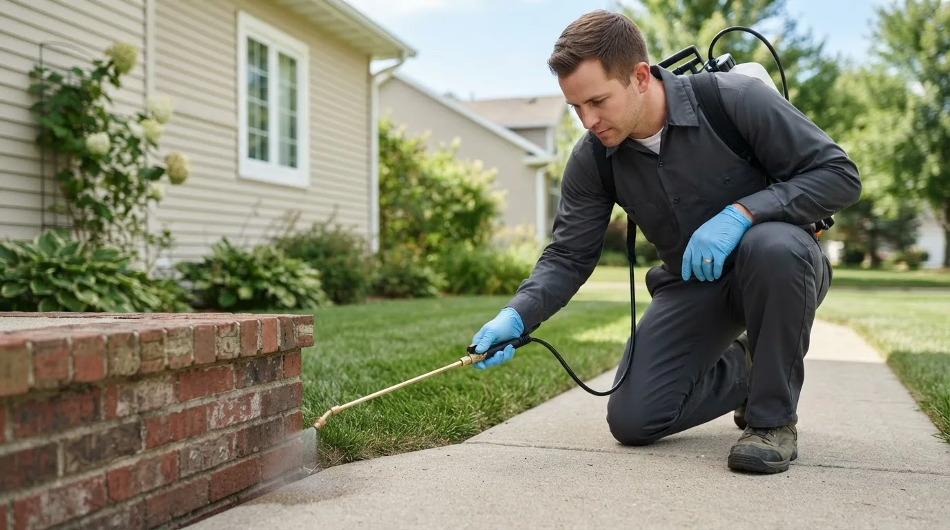 Pest control technician treating a home near Colliersville, NY
